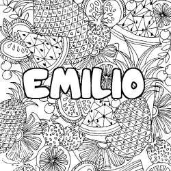 Coloriage prénom EMILIO - décor Mandala fruits