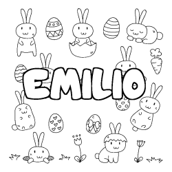 Coloriage pr&eacute;nom EMILIO - d&eacute;cor Paques