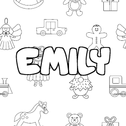 Coloriage prénom EMILY - décor Jouets