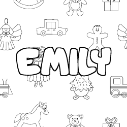 Coloriage pr&eacute;nom EMILY - d&eacute;cor Jouets
