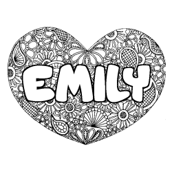 Coloriage prénom EMILY - décor Mandala coeur