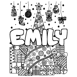Coloriage prénom EMILY - décor Sapin et Cadeaux