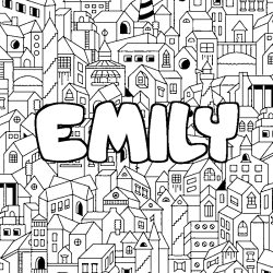 Coloriage pr&eacute;nom EMILY - d&eacute;cor Ville