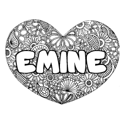 Coloriage pr&eacute;nom EMINE - d&eacute;cor Mandala coeur