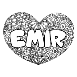 Coloriage pr&eacute;nom EMIR - d&eacute;cor Mandala coeur