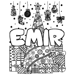 Coloriage prénom EMIR - décor Sapin et Cadeaux