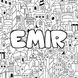 Coloriage pr&eacute;nom EMIR - d&eacute;cor Ville