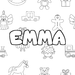 Coloriage prénom EMMA - décor Jouets