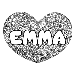 Coloriage prénom EMMA - décor Mandala coeur