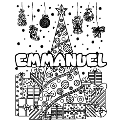 Coloriage pr&eacute;nom EMMANUEL - d&eacute;cor Sapin et Cadeaux