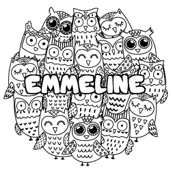 Coloriage pr&eacute;nom EMMELINE - d&eacute;cor Chouettes