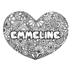Coloriage prénom EMMELINE - décor Mandala coeur