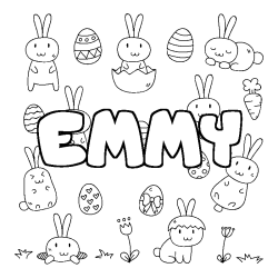 Coloriage pr&eacute;nom EMMY - d&eacute;cor Paques