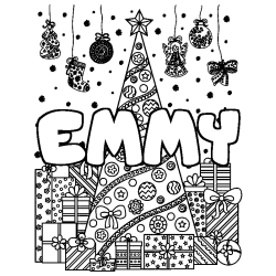 Coloriage prénom EMMY - décor Sapin et Cadeaux