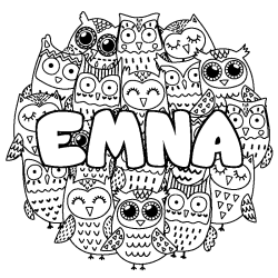 Coloriage prénom EMNA - décor Chouettes