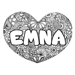 Coloriage pr&eacute;nom EMNA - d&eacute;cor Mandala coeur