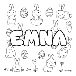 Coloriage pr&eacute;nom EMNA - d&eacute;cor Paques