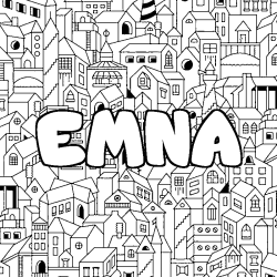 Coloriage pr&eacute;nom EMNA - d&eacute;cor Ville