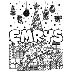 Coloriage prénom EMRYS - décor Sapin et Cadeaux