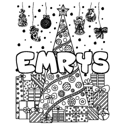 Coloriage pr&eacute;nom EMRYS - d&eacute;cor Sapin et Cadeaux