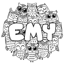 Coloriage prénom EMY - décor Chouettes