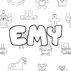 Coloriage prénom EMY - décor Jouets