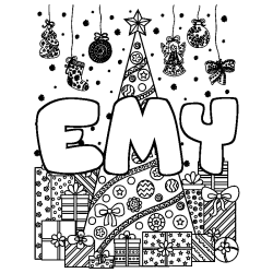Coloriage prénom EMY - décor Sapin et Cadeaux
