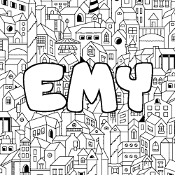 Coloriage prénom EMY - décor Ville