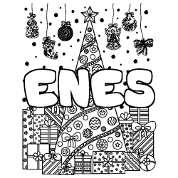 Coloriage pr&eacute;nom ENES - d&eacute;cor Sapin et Cadeaux