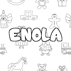 Coloriage pr&eacute;nom ENOLA - d&eacute;cor Jouets