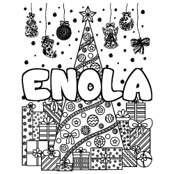 Coloriage prénom ENOLA - décor Sapin et Cadeaux