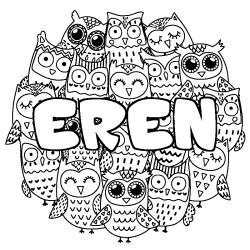 Coloriage pr&eacute;nom EREN - d&eacute;cor Chouettes