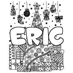 Coloriage pr&eacute;nom ERIC - d&eacute;cor Sapin et Cadeaux