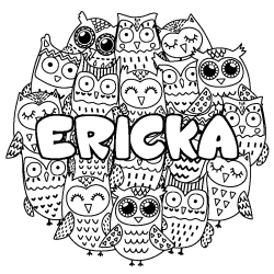 Coloriage prénom ERICKA - décor Chouettes