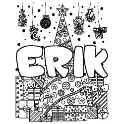 Coloriage pr&eacute;nom ERIK - d&eacute;cor Sapin et Cadeaux