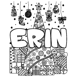 Coloriage pr&eacute;nom ERIN - d&eacute;cor Sapin et Cadeaux