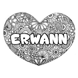 Coloriage pr&eacute;nom ERWANN - d&eacute;cor Mandala coeur