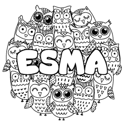 Coloriage pr&eacute;nom ESMA - d&eacute;cor Chouettes