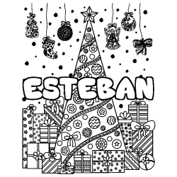 Coloriage prénom ESTEBAN - décor Sapin et Cadeaux