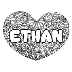 Coloriage pr&eacute;nom ETHAN - d&eacute;cor Mandala coeur