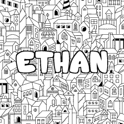 Coloriage pr&eacute;nom ETHAN - d&eacute;cor Ville