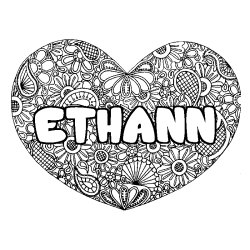 Coloriage pr&eacute;nom ETHANN - d&eacute;cor Mandala coeur