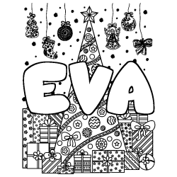 Coloriage prénom EVA - décor Sapin et Cadeaux