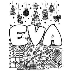 Coloriage pr&eacute;nom EVA - d&eacute;cor Sapin et Cadeaux
