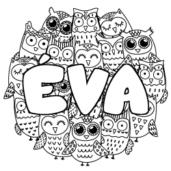 Coloriage pr&eacute;nom &Eacute;VA - d&eacute;cor Chouettes