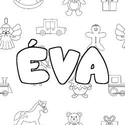 Coloriage prénom ÉVA - décor Jouets