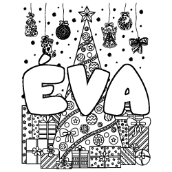 Coloriage prénom ÉVA - décor Sapin et Cadeaux