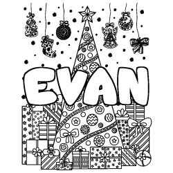 Coloriage prénom EVAN - décor Sapin et Cadeaux