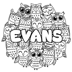 Coloriage pr&eacute;nom EVANS - d&eacute;cor Chouettes