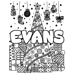 Coloriage prénom EVANS - décor Sapin et Cadeaux